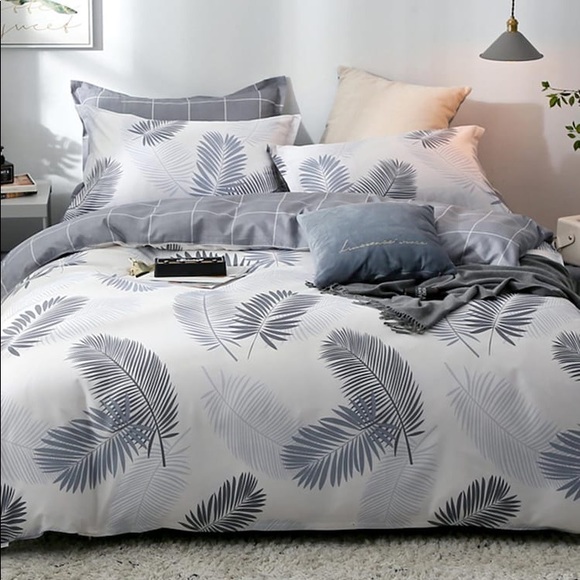 KING • Tropical leaf print duvet cover gray white - Picture 2 of 4